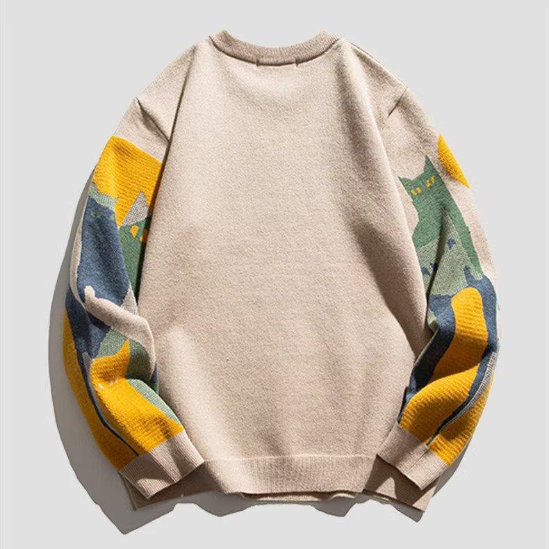 Suéter de malha de outono para homens e mulheres, inverno, harajuku, desenho animado, estampa de gato, pulôver, vintage, casual, solto, suéter, streetwear