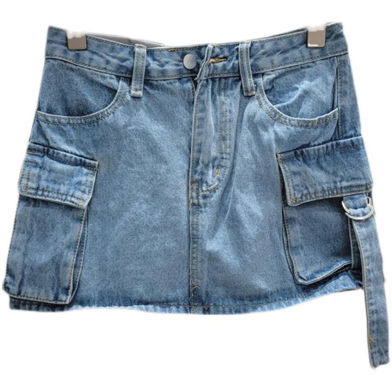 European station summer new denim skirt women's thin tooling pockets high waist anti-light A-word skirt
