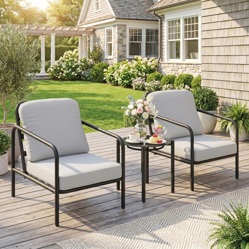 3 Piece Bistro Set In Steel With 2 Chairs With Thick Cushions Side Table With Black Tempered Glass Top