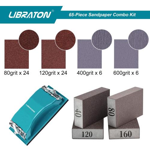 LIBRATON Abrasive Sandpaper Set, 60 Sheets of Waterproof Sandpaper (#80/#120/#400/#600), Includes Hand Sander and Abrasive Sponges (#40/#80/#120/#160)