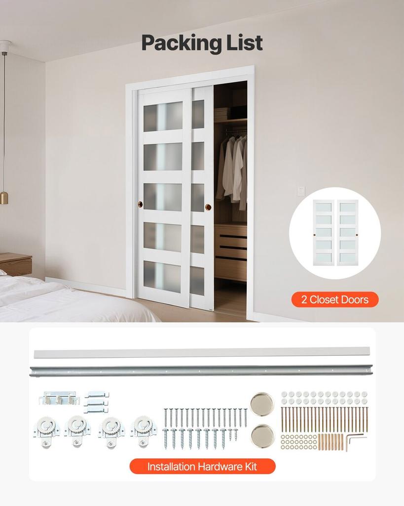 Sliding Closet Door, 1219mm (Double 635mm) x 2032 mm, 5-Lite Frosted Glass Bypass Sliding Doors with Hardware Kit, Solid Wood & MDF Slab with