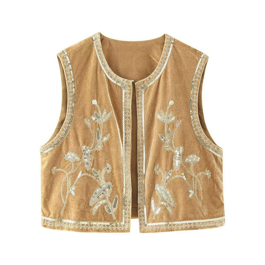 2024 Autumn Women's European & American Velvet Sequin Embroidered Vest