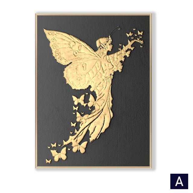 Abstract golden foil poster with butterfly and angel, modern home decor, canvas, painting, minimalist art poster and prints for the living room