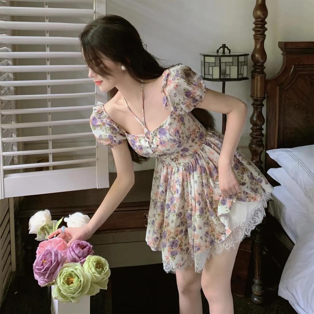 French retro snow-capped mountain floral short-sleeved square collar one-word shoulder summer dress small waist bubble sleeve chiffon