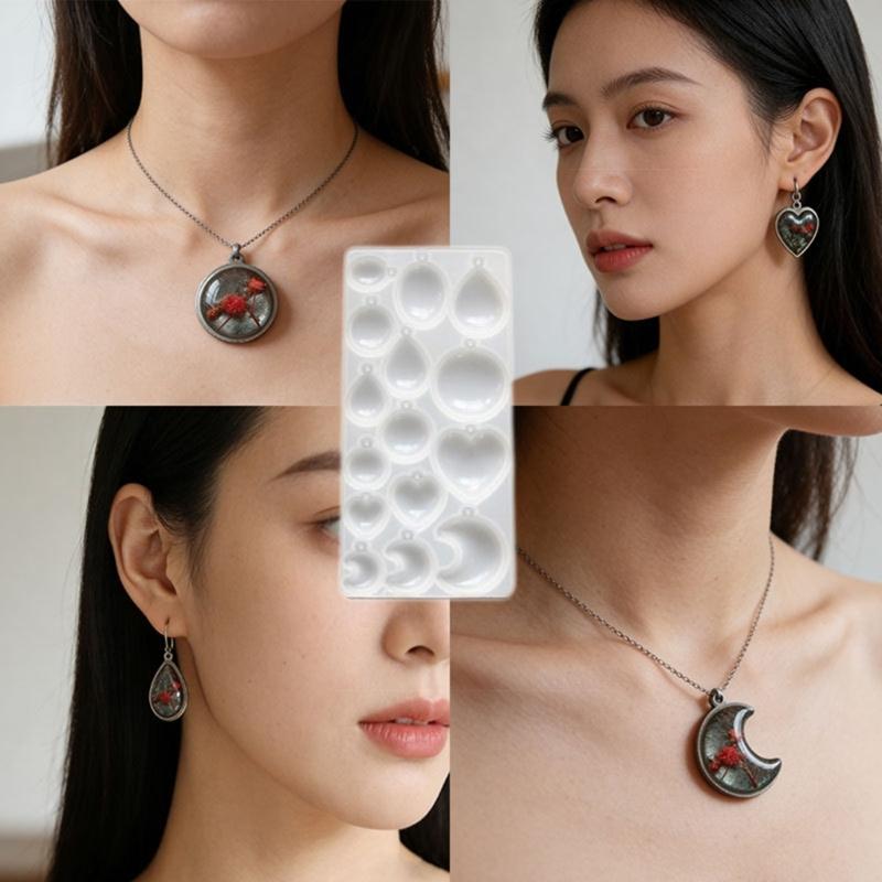 Heart Oval Moon Round Resin Pendant Silicone Molds with 15 Cavities For Handmade Resin Pendant Jewelry Crafting