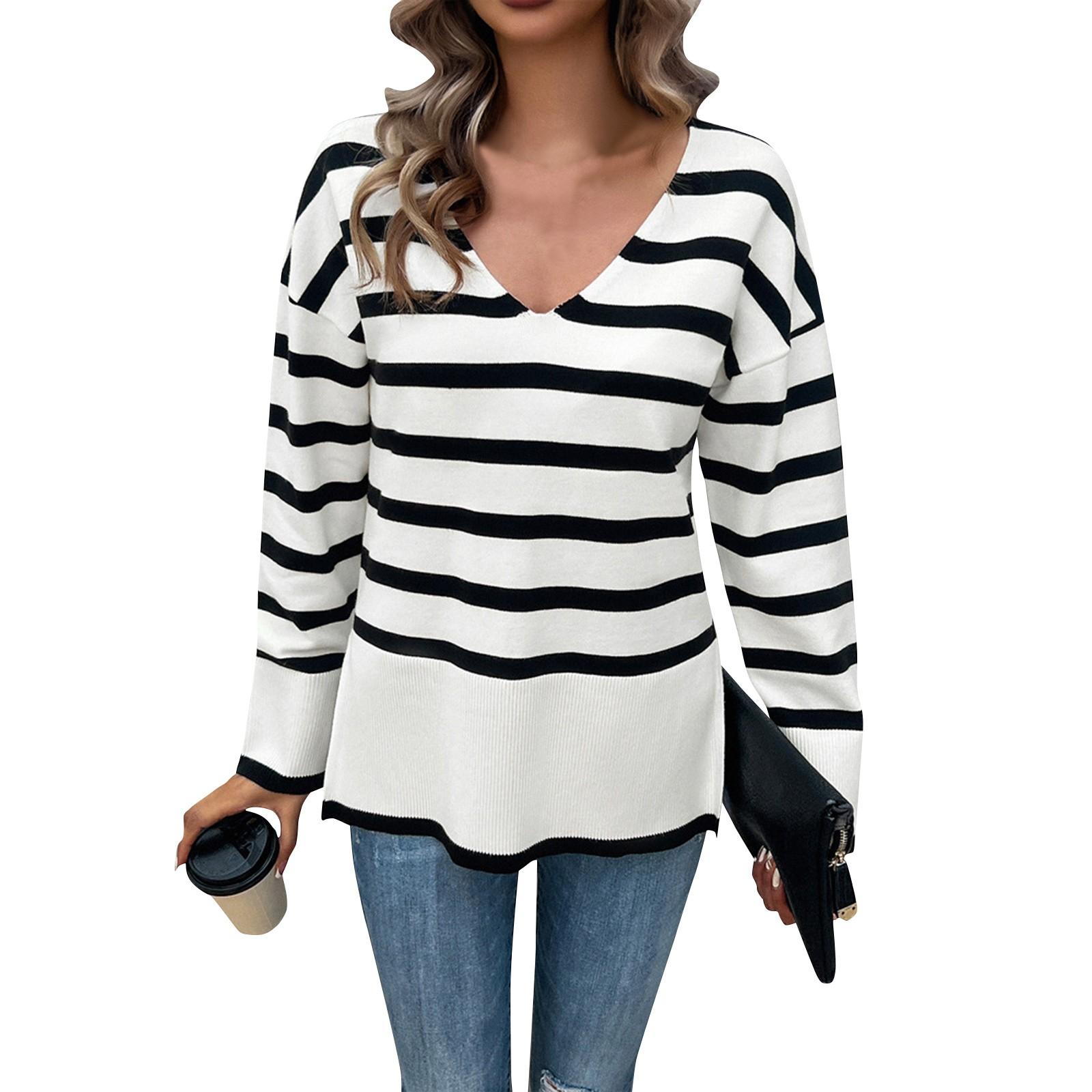 

Женский повседневный модный свитер свободного кроя с длинными рукавами и V-образным вырезом контрастного цвета XL белый