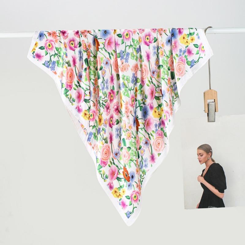 68Cm Pastoral Pink Flowers Kerchief New Spring And Summer Emulation Silk Scarf Fresh And Versatile Clothes Bags Accessory Scarf
