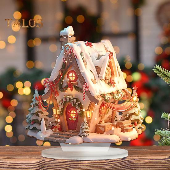 Christmas Acrylic Desktop Ornament Flat Snowy Cabin Ornament with Base Christmas Village Log Cabin Ornament for Holiday Table Decor