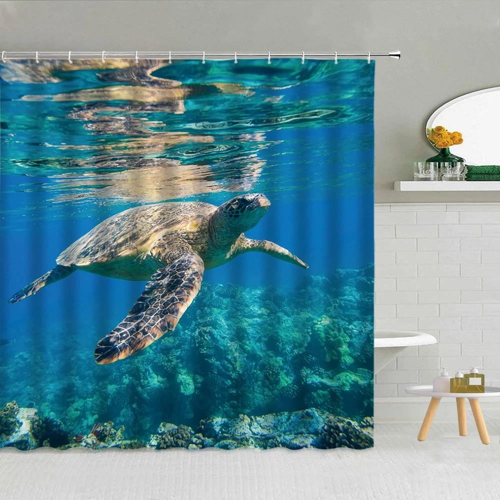 Blå hav undervattens strandscen duschdraperi delfin sköldpadda val djur badrumsdekoration krok gardin