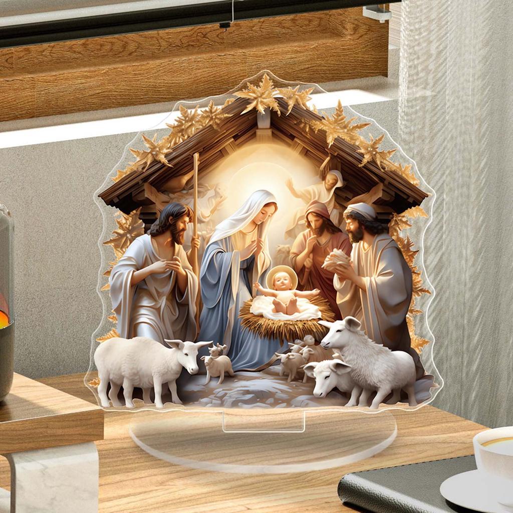 Nativity Scene White 2D Flat Jesus Acrylic Tabletop Decor ,Home,Office,Cafe,room,Studio, Desktop Ornament Christian Religion Kit