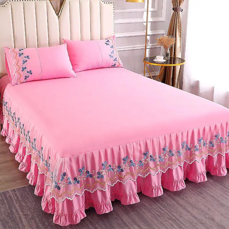 Solid Lace Embroidered Bedspread Mattress Protective Cover Polyester Bed Skirt Anti Slip and Dustproof Flounce Edge Bedsheet
