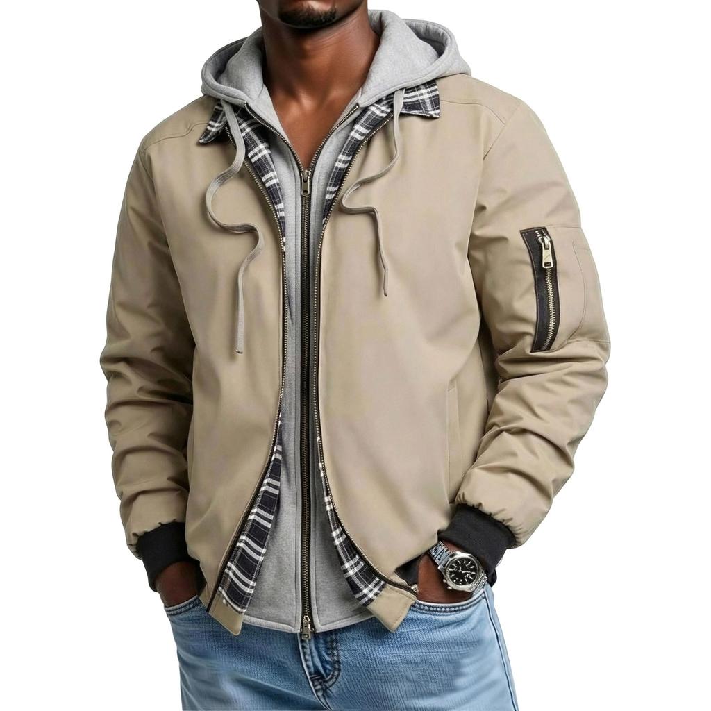 Men's Color Block Zip-Up Hooded Jacket, Two-Piece Warm and Thick Casual Outdoor Coat