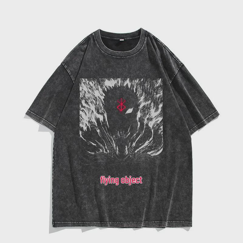 Retro Vyprané Pánské Tričko s Krátkým Rukávem Berserk Anime Bojovník