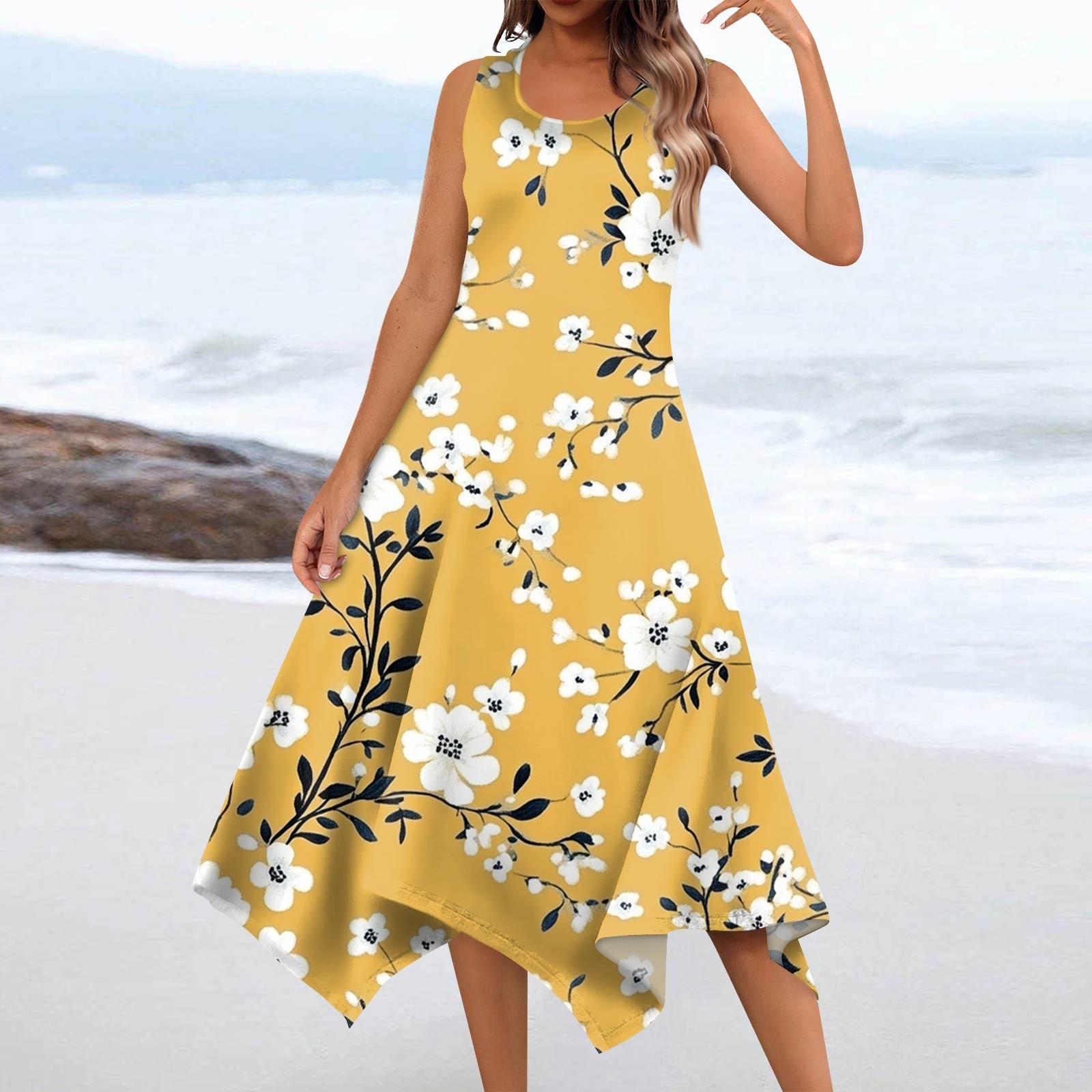 

Женские летние модные платья миди с круглым вырезом без рукавов и цветочным принтом, неровным подолом XL жёлтый