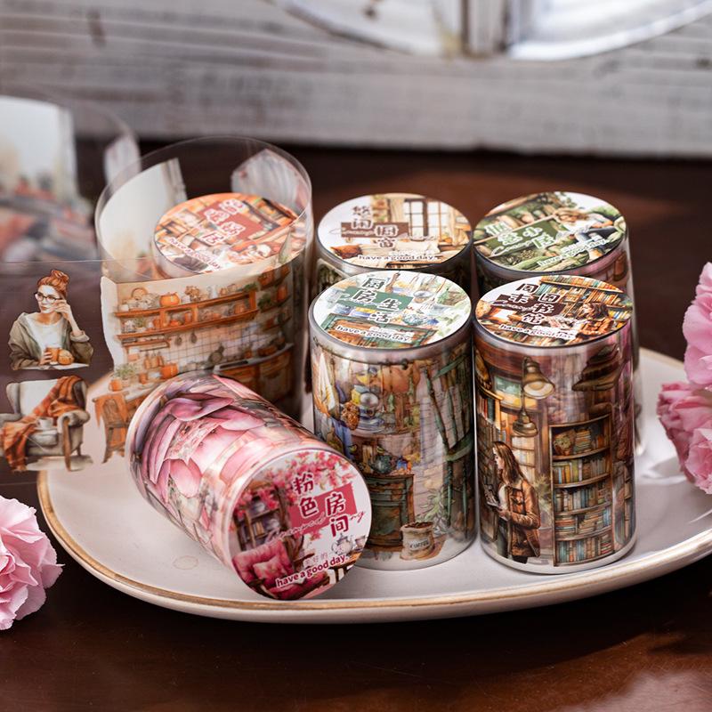 Piece Retro Daily Life Tape Sticker Roll, Nostalgic Motifs of Everyday Moments (Like Vintage Postcards, Tea Sets)
