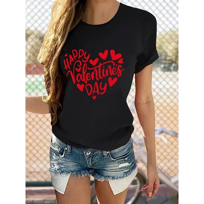 European Size Women's Valentine's Day Heart Print T-Shirt - Happy Valentine's Lettering Short Sleeve Round Neck Casual Blouse