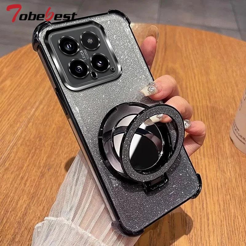 Glitter Shockproof Silicone Case For Xiaomi Mi 15 14 14T 13 12 Pro 12X 12S Mirror Magnetic Holder Stand Soft Cover