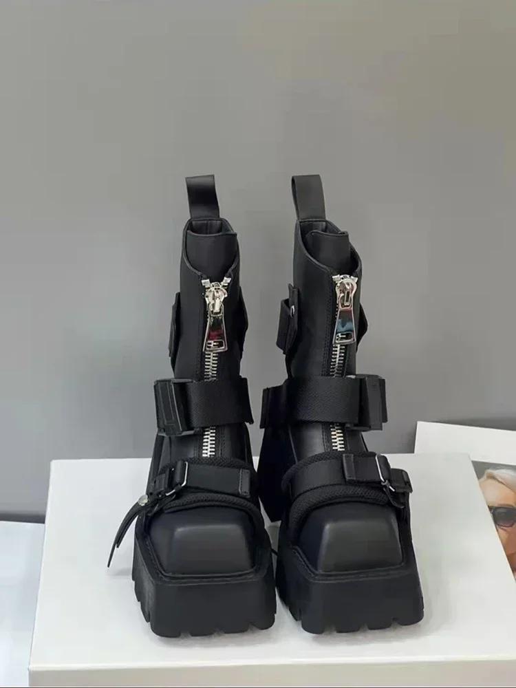 Fashion Luxury Leather Ankle Boots Women Zip Belt Buckle Strap Design Motorcycle Boots Thick Bottom Non-slip Platform Botas Para Mujer