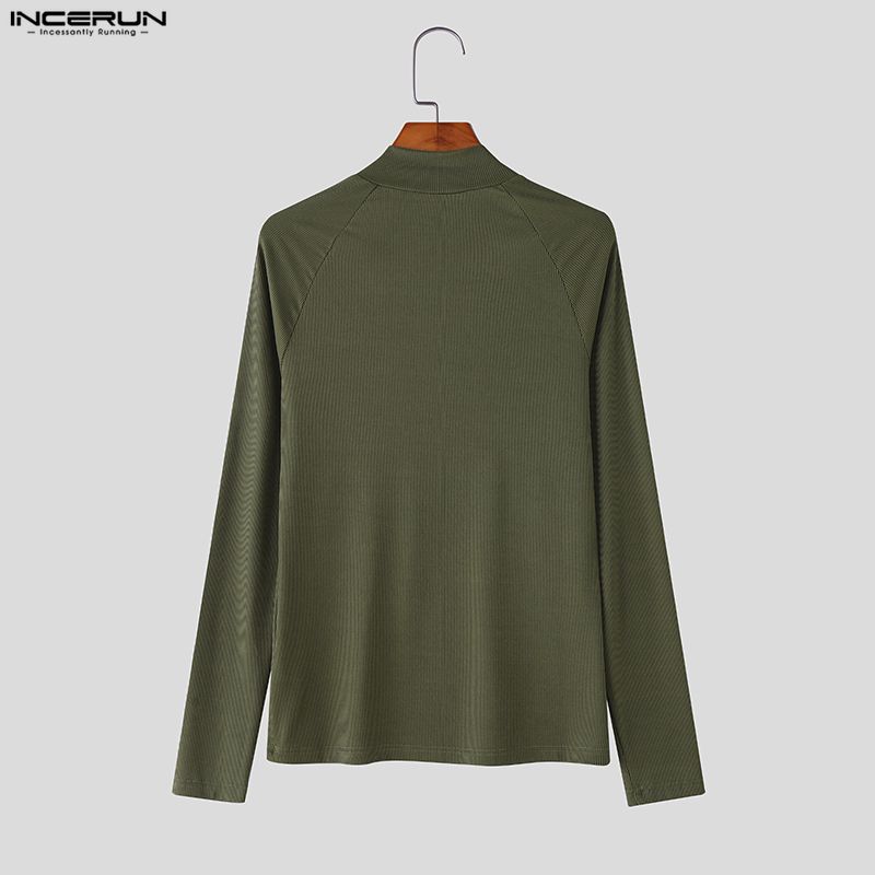 INCERUN Spring Men's Zip-up High Neck Long Sleeve Rib Fitted T-shirts Tops Undershirts
