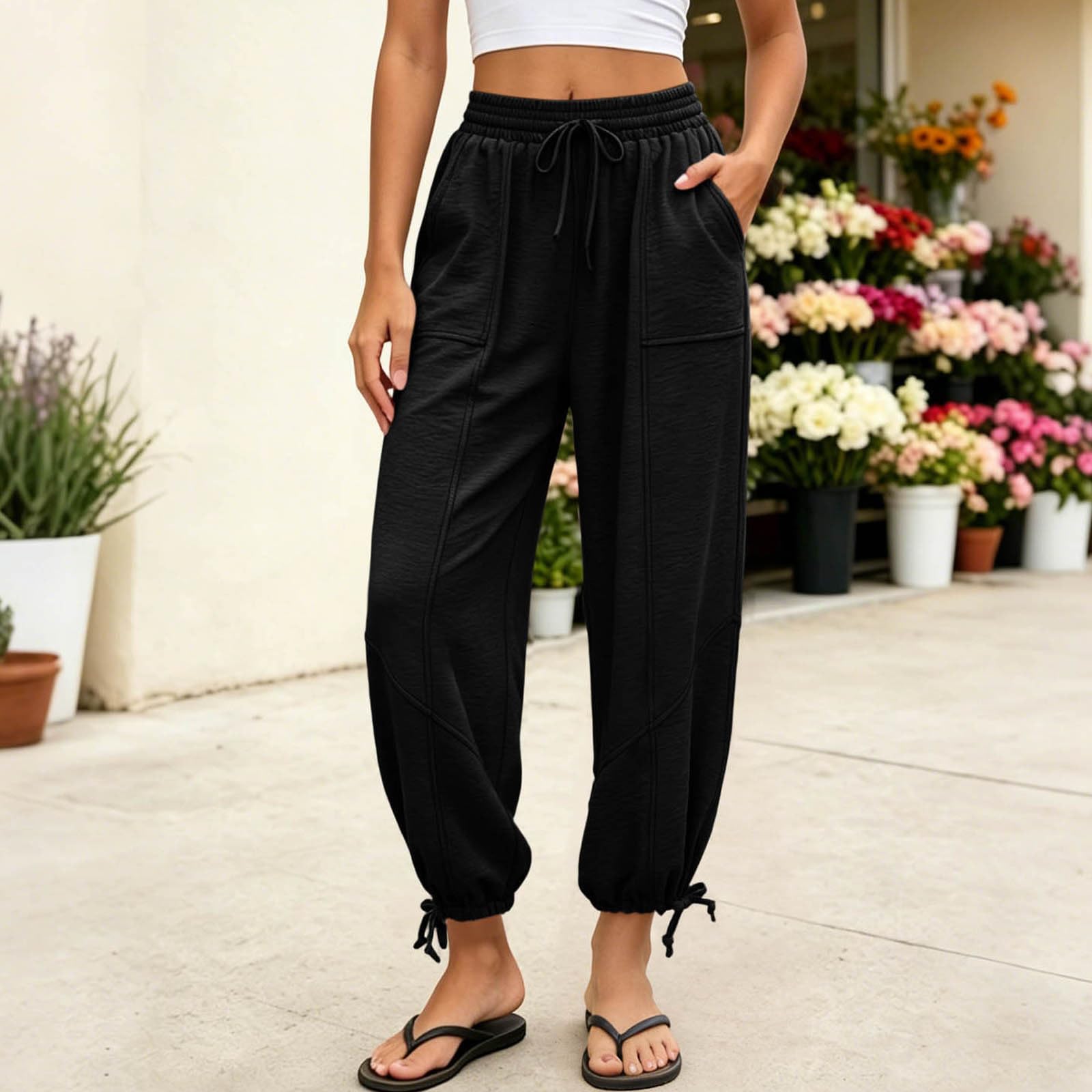 Women s Lightweight Jogger Pants High Waist Drawstring Long Trousers Relaxed Fit Elastic Cuffs Casual Athletic Bottoms L чёрный