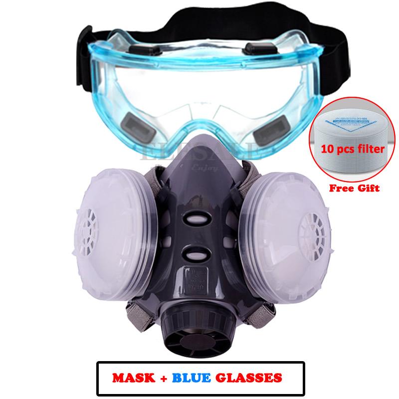 New Dust Mask Respirator For Carpenter Builder Polishing Dust-proof +10 Filters With Safety Glasses Dual Filter Half Face Mask