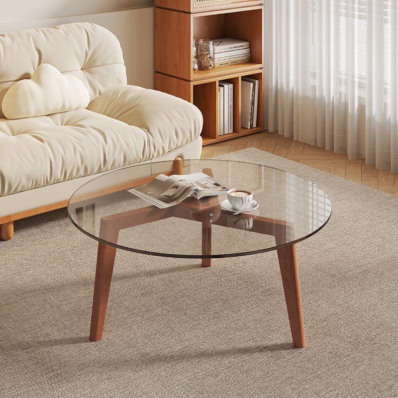 Round Glass Coffee Table with Solid Wood Legs