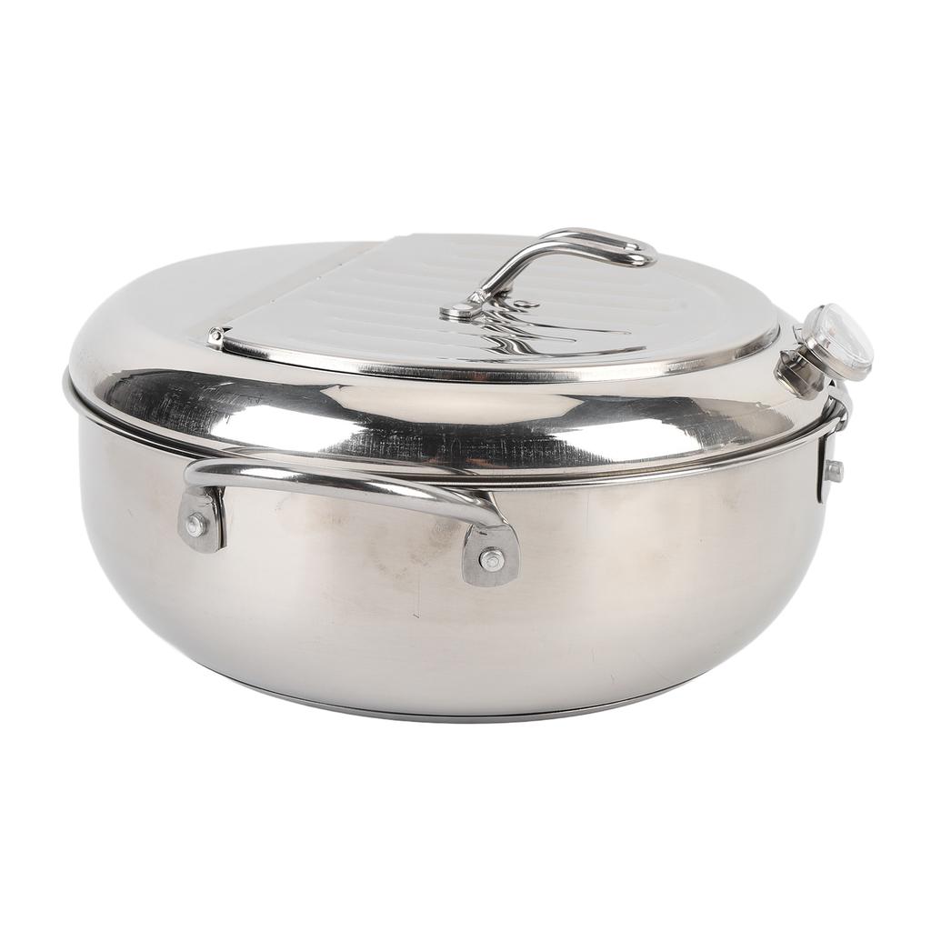 Stainless Steel Fryer Pot with Thermometer Lid Oil Drip Drainer Rack Multifunctional Deep Frying