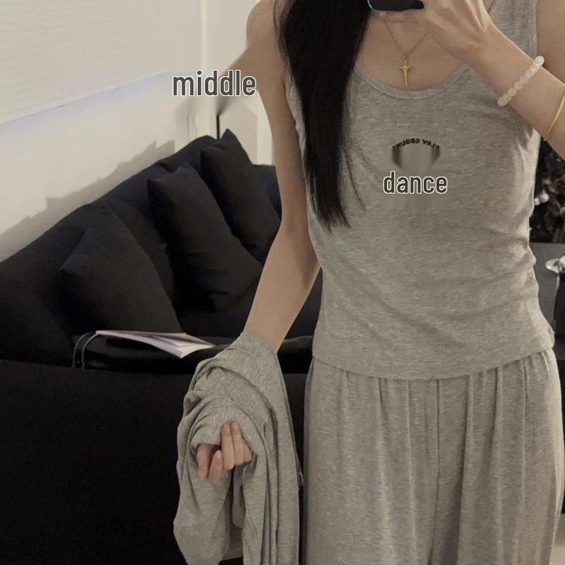 Women's Modal Cotton Pajama Set - Three-Piece Sleeveless and Long Sleeve with Chest Pads for Indoor or Outdoor Use