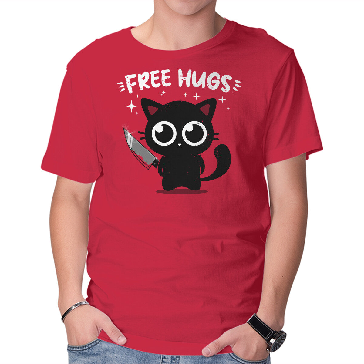 Unisex Crew Neck T-Shirt Free Kitty Hugs Graphic Short Sleeve Casual Tee S