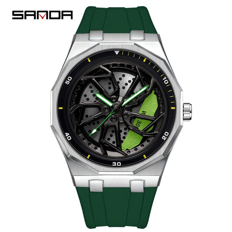 Sanda Men's Waterproof Alloy Car Wheel Design Silicone Wristwatch