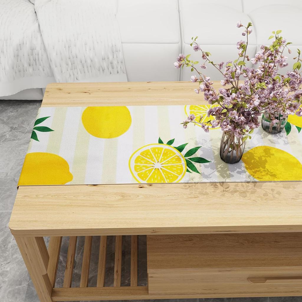 Lemon Table Runner Kitchen Decor - Yellow and White Stripes Lemon Table Decorations Summer Spring Seasonal Home Decor for Dining Table Farmhouse