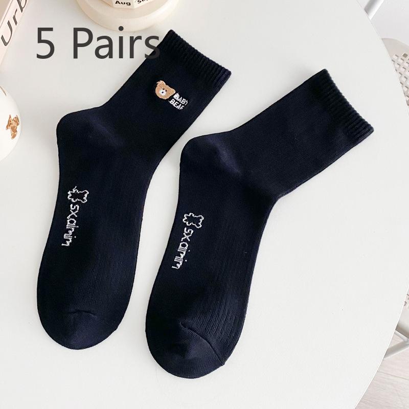 5 Pairs of Female Spring and Summer Cute Cartoon Letter Bear Tube Cotton Socks