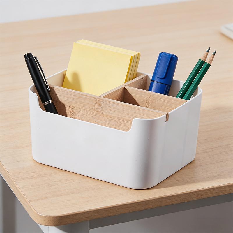 5Grids Remote Control Holder Detachable Bamboo and Plastic Cosmetic Storage Box Makeup Brush Organizer for Home Office Bins