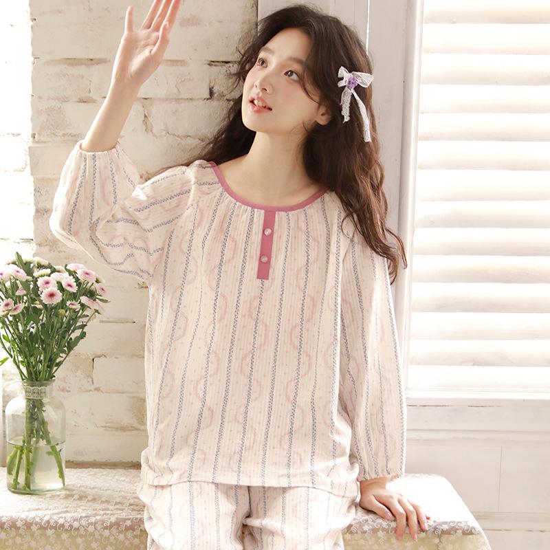 Spring and Autumn Pajamas Women's Pure Cotton Cotton Yarn Can Be Worn Outside, Simple Round Neck Pullover Long Sleeve Trousers Loungewear Set 11