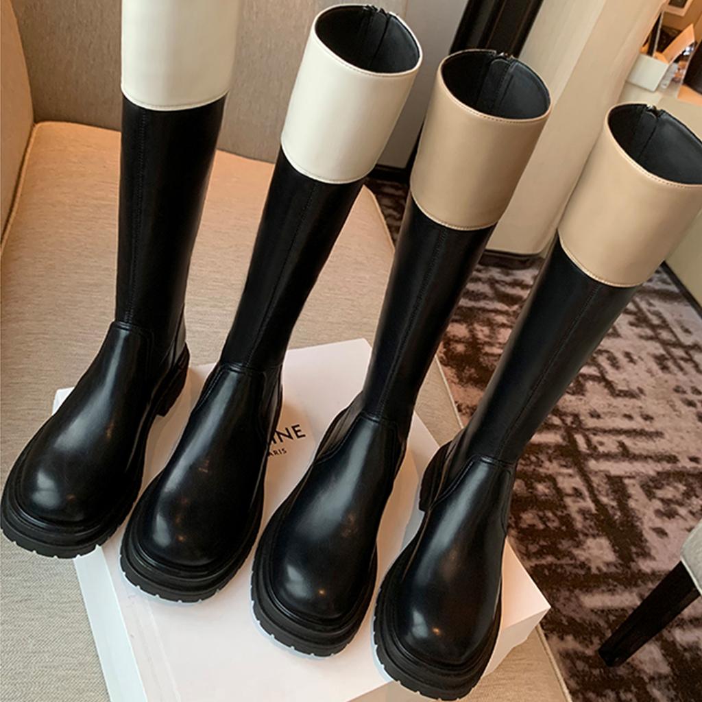 Grape mother studiolee color matching fashion round head thick sole thick heel medium long tube thin knight boots women autumn and winter