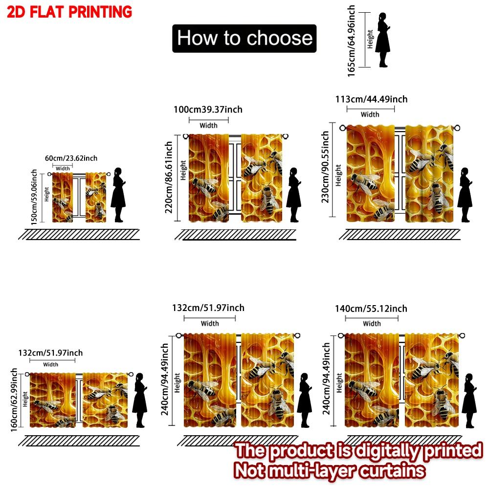 Set Of 2 Bee Honeycomb Curtains Realistic Bees Golden Dripping Honey Kitchen Living Room Decor Curtain Polyester Perfect For Sitting