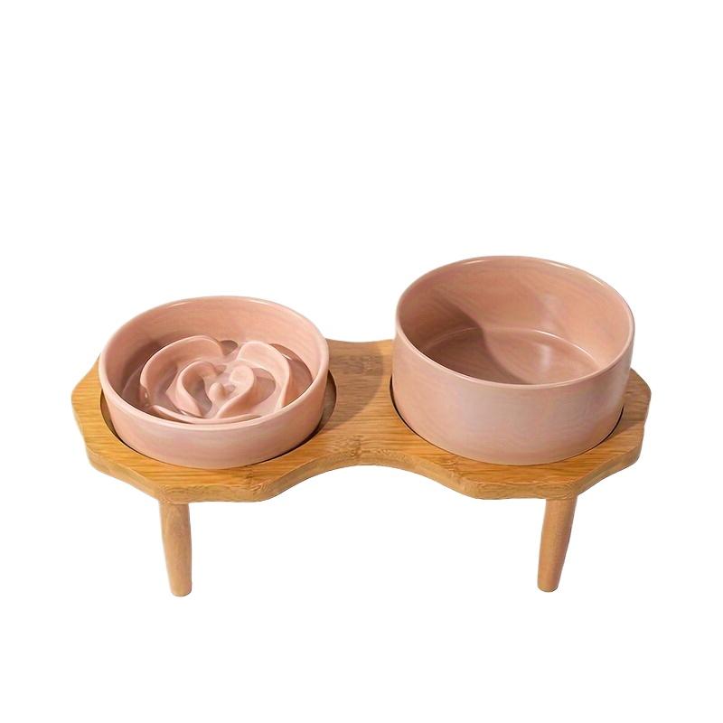 Bomei Ceramic Slow Feeder Dog Bowl - Anti-Choking & Anti-Spill Double Pet Bowls with Wooden Stand