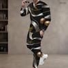 Men Plus Size Black Gold Silver Printed Round Neck Long Sleeve Top Cuffed Pants Two Piece Set