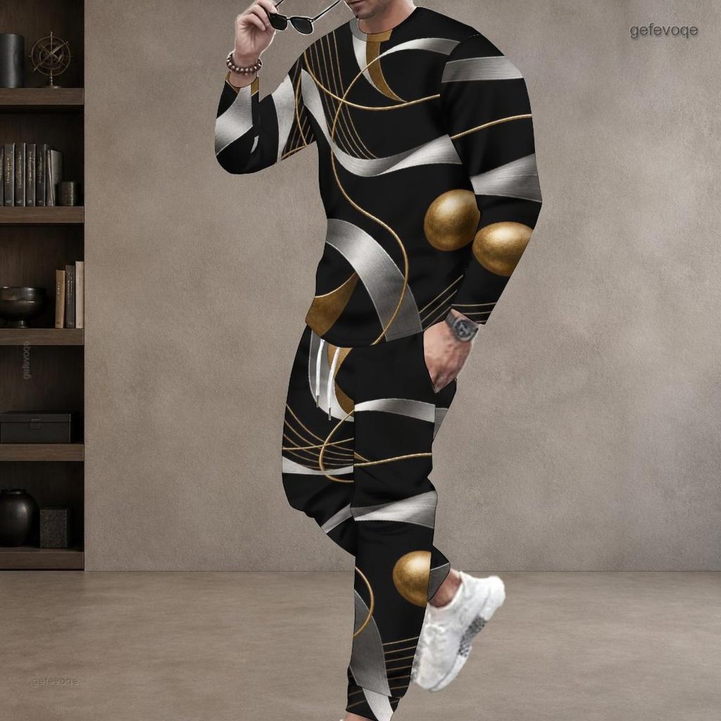 Men Plus Size Black Gold Silver Printed Round Neck Long Sleeve Top Cuffed Pants Two Piece Set