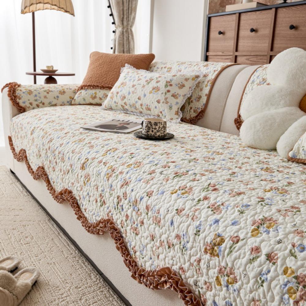 Cotton Printed Slipcover Washable Sofa Cover with Wave Edge Non Slip Full Coverage All Season