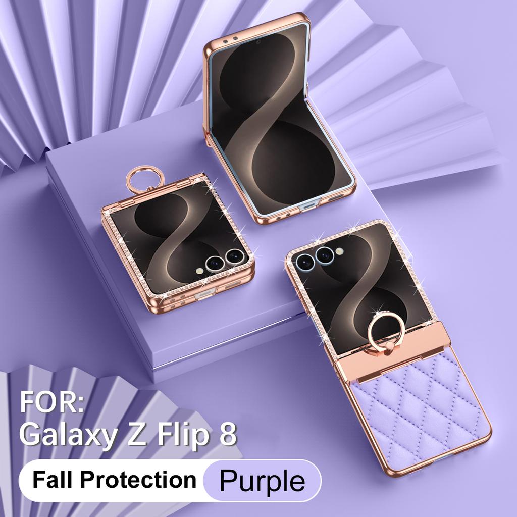 Diamond Electroplated Gold Frame PU Leather Phone Case for Samsung Z Flip 8 7 6 5 4 3 Flip6 Flip5 Flip7 Flip8 Protective Cover