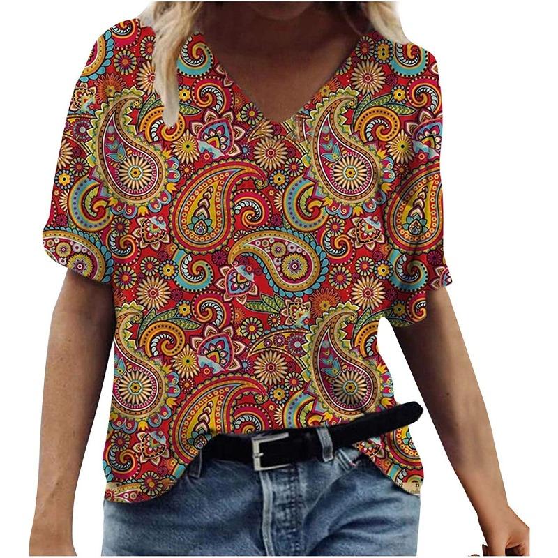 Summer V-neck Ethnic Style Retro 3D Printed Top Fashionable Casual Short Sleeved Women's T-shirts