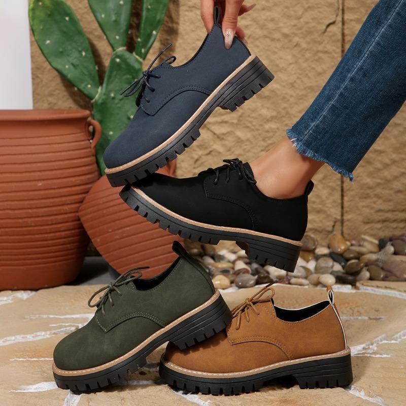 Large-sized Mid-heel Square Single Shoes for Women, Retro Round-toe Lace-up Shoes