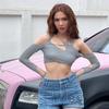 2022 Summer New Goth Y2k Punk T-skjorte Dame Halter Topper Gothic Girl Patchwork Langermet Crop Top Sexy Cut Out Casual T-skjorter