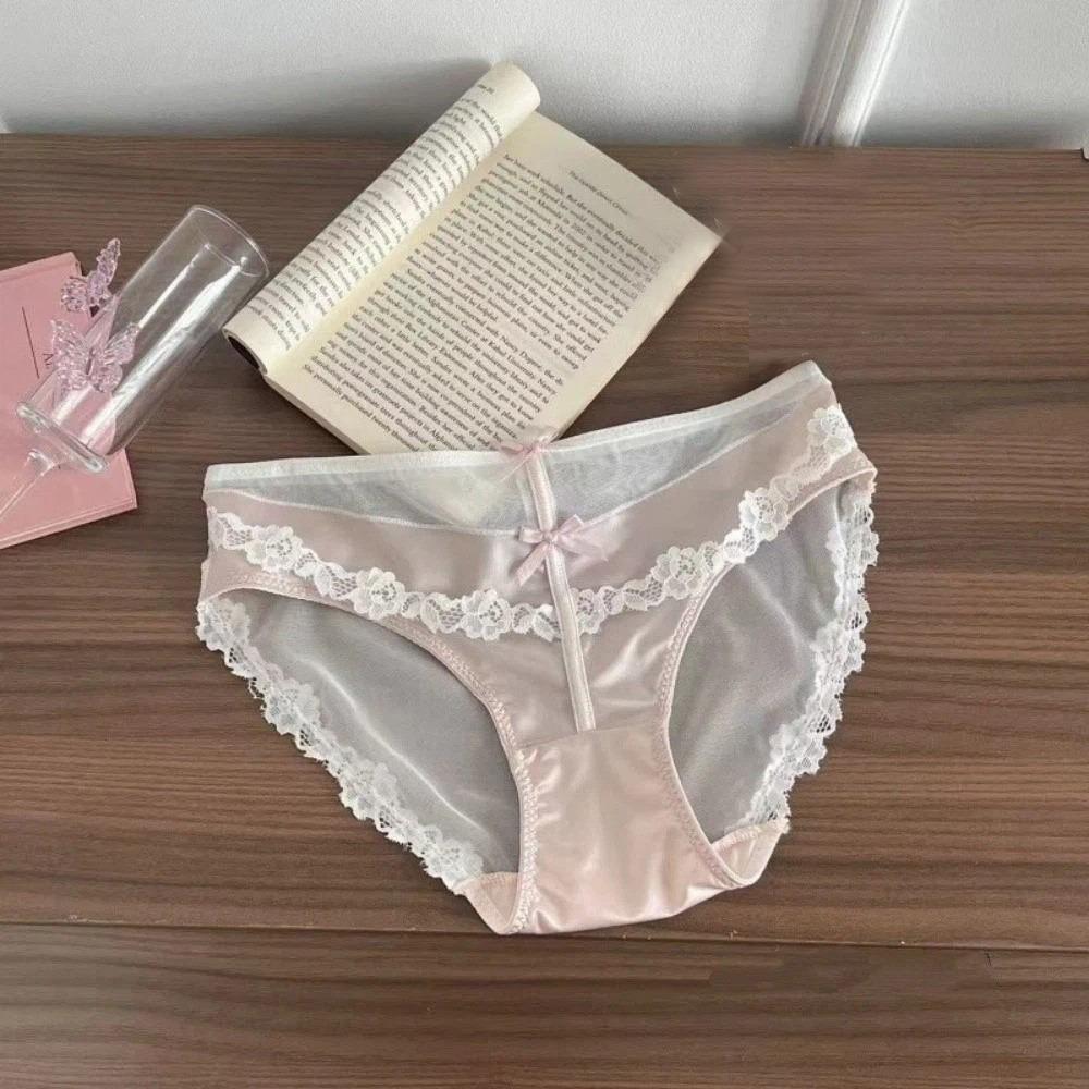 Bow Underwear for Women Transparent Mesh Lace Briefs Lingerie Lace Flower Panties  Lady