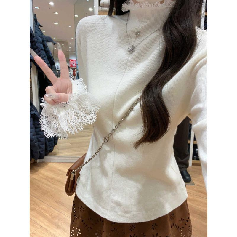 High-end elegant semi-turtleneck knitted sweater women's lace splicing top autumn and winter new flared sleeve inner bottoming shirt