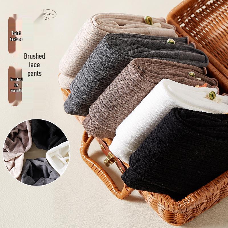 Girls' Fleece-Lined Cable Knit Leggings with Lace Trim for Autumn & Winter