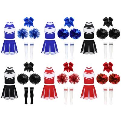 Girls Cheerleading Costume Set Sleeveless Zipper Top Pleated Skirt Bow Headband Hand Flowers Striped Socks