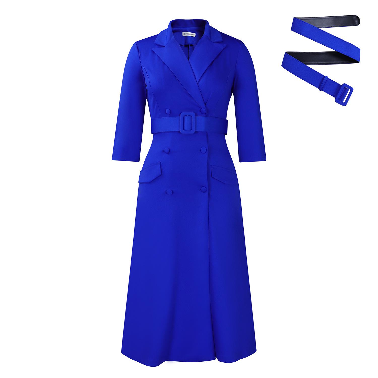 

Women s Double-Breasted Suit Collar Solid Color Mid-Length Dress XXL