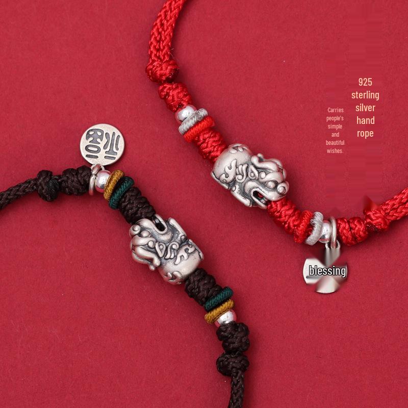 Chinese Style S925 Silver Pixiu Hand-Woven Bracelet for Couples - Fu Brand Women's National Style Qixi Gift Rope